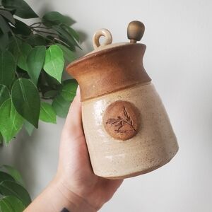 Handcrafted Ceramic Pottery Honey Pot Jar with Lid - Brown and Cream
